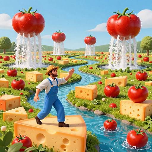 Digital art: Mario, in blue overalls and straw hat, waves on cheese cubes in tomato-filled field with floating tomato waterfalls.