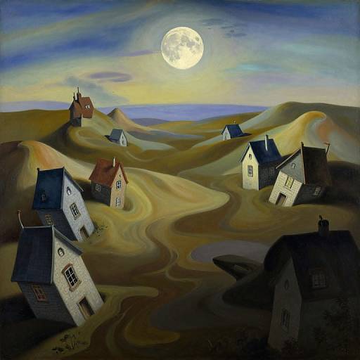 Surreal painting of a moonlit desert village with winding paths, small tilted houses, and a bright full moon in a blue sky.