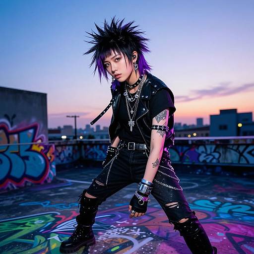 Photograph of a punk rock teenager with spiky black hair, wearing a black leather jacket, ripped jeans, and multiple necklaces, standing on a