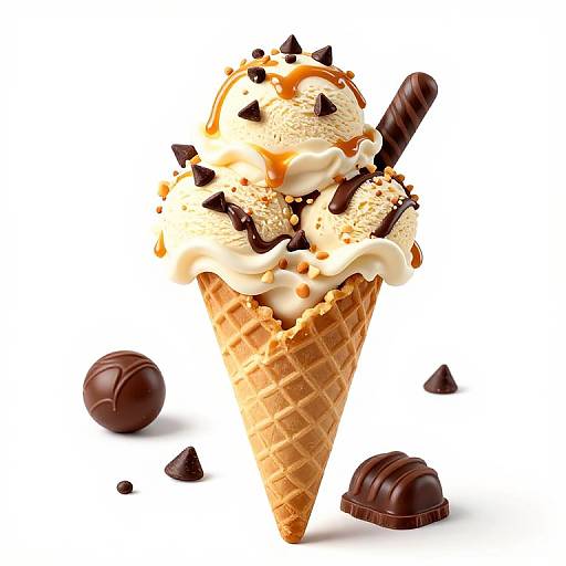 Photorealistic image of a decadent chocolate ice cream cone with whipped cream, chocolate chips, caramel drizzle, and chocolate bars scattered.