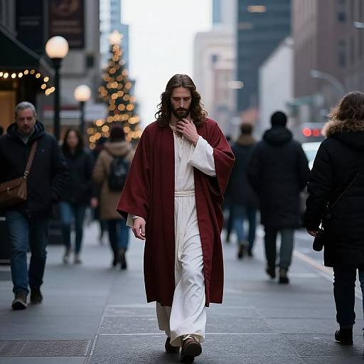 Photograph of a bearded man with long brown hair, wearing a maroon robe and white tunic, walking through a busy urban street at dusk