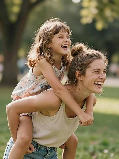 Mother and Daughter Piggyback in Park