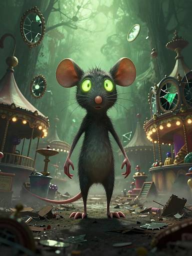 CGI image of a glowing-eyed, black-furred, cartoonish mouse standing in a steampunk, luminescent forest with broken clock towers