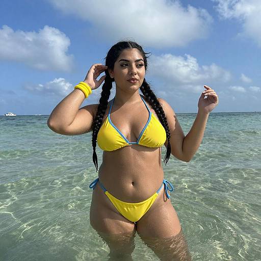 Curvy Woman in Yellow Bikini by Ocean