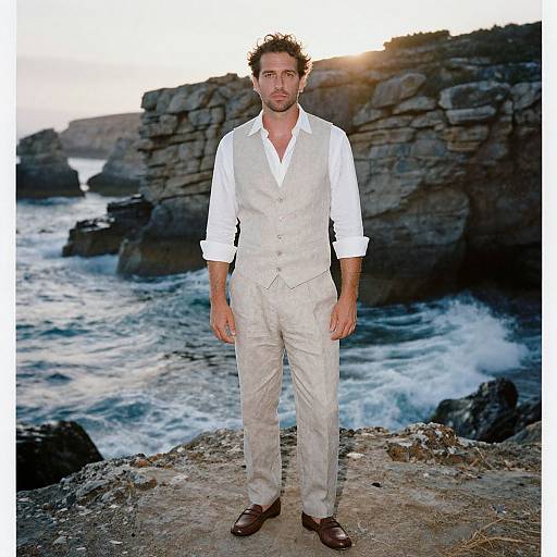 Photograph of a handsome, bearded man in a white shirt, beige vest, and beige pants, standing on rocky cliff overlooking ocean at sunset.