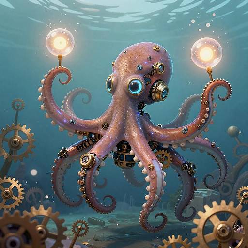 Steampunk Robotic Octopus Juggling Glowing Orbs