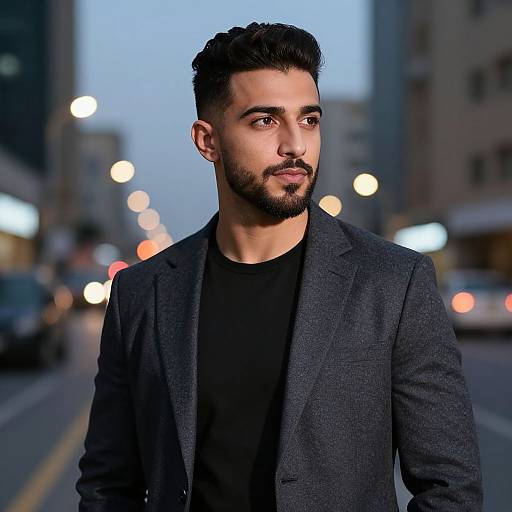 Photograph of a handsome, bearded Middle Eastern man with dark hair, wearing a black blazer over a black shirt, standing on a city street