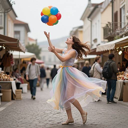 Photograph of a young woman in a rainbow-colored, flowing dress, juggling colorful balloons in a bustling, cobblestone European market.