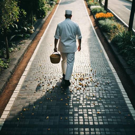 Chef Walking on Tiled Path with Basket
