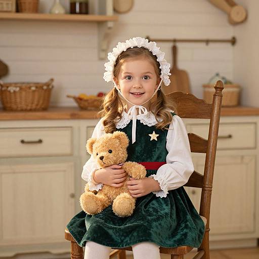 Photograph of a young girl with light brown hair, wearing a white lace headband, green velvet dress, and white blouse, sitting on a wooden