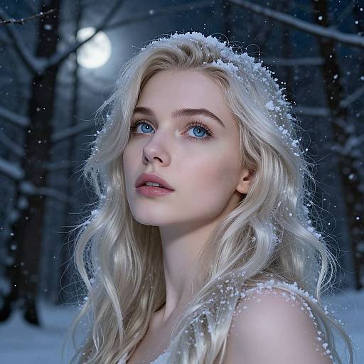Photorealistic digital portrait of a fair-skinned, blue-eyed blonde woman with snow-covered hair, standing in a snowy forest at night.