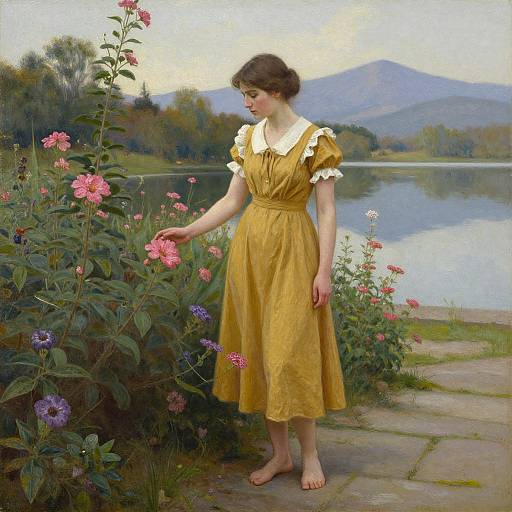 Photorealistic painting of a young woman in a yellow dress with white collar, barefoot, gently touching pink flowers by a serene lake with mountains in