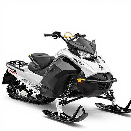 Photograph of a sleek, black and white snowmobile with yellow accents, featuring large black track wheels and a modern, angular design.