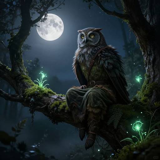 Digital fantasy artwork of a wise, anthropomorphic owl in medieval clothes, sitting on a mossy tree branch under a bright full moon, surrounded by glowing