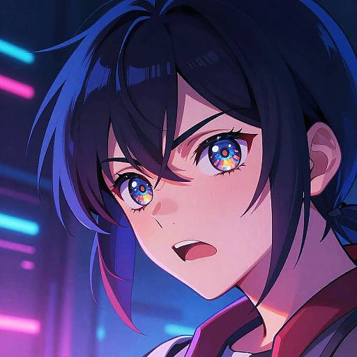 Digital anime-style close-up of a young person with blue, shimmering eyes, black hair, and an open-mouthed, surprised expression. Neon blue