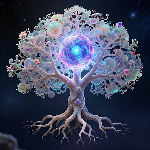 Digital art of a glowing, ethereal tree with intricate, translucent branches, colorful spheres, and a bright blue core against a dark starry background.