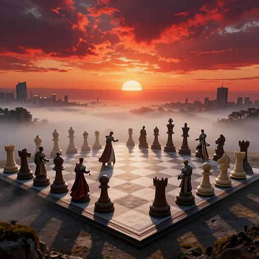 Photograph of a chessboard at sunset with silhouetted chess pieces, surrounded by mist, and a city skyline in the background.