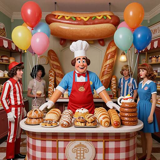 Whimsical bakery scene with cartoon bakers, colorful balloons, giant hot dog backdrop, and a counter filled with bread and pastries.