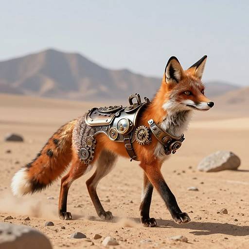 Photograph of a red fox with cybernetic harness walking in a desert, mountains in the background, bright sunlight, rocky terrain.