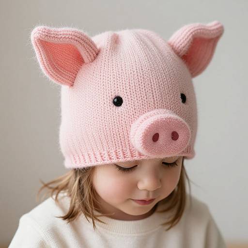 Photograph of a young girl with light brown hair wearing a pink knitted pig hat with black eyes and pink nostrils, smiling softly, wearing a