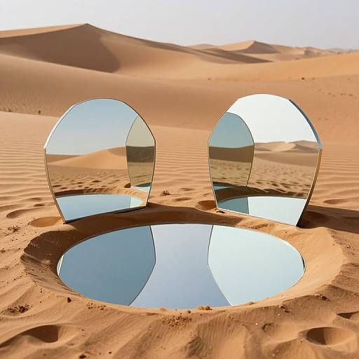 Photograph of three mirrored, oval-shaped panels standing in a circular reflective pool on a sunlit, sandy desert with rolling dunes in the background.