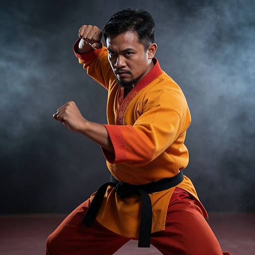 Photograph of an Asian male martial artist in a yellow gi with red trim, black belt, and intense expression, executing a punching stance against a sm
