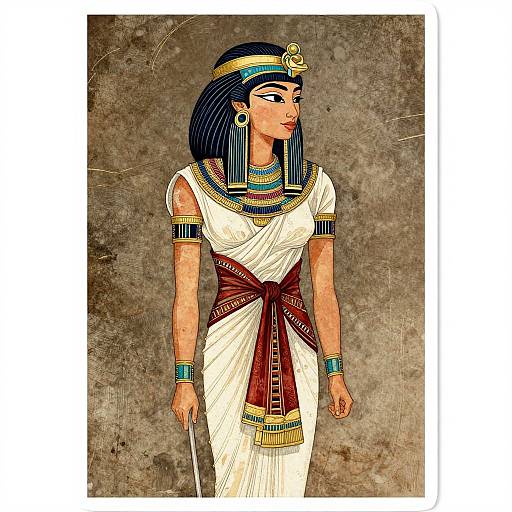 Digital illustration of an Egyptian woman with dark blue hair, wearing a white dress with red accents, gold jewelry, and striped headdress, standing against a