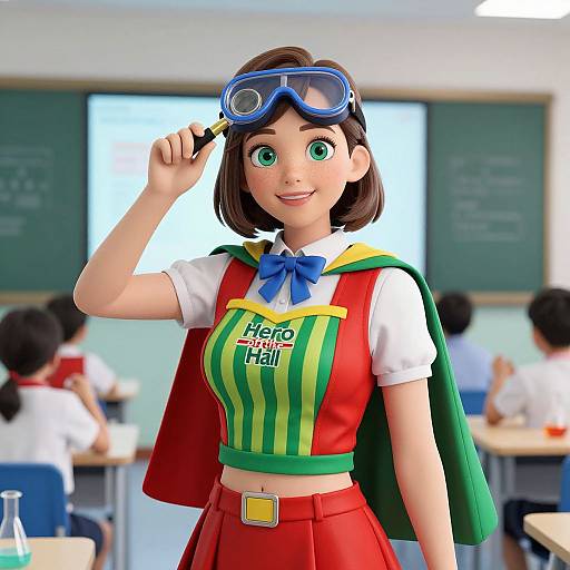 CGI anime-style girl in classroom, wearing red-striped vest, white shirt, blue bowtie, green backpack, and blue goggles, smiling, adjusting