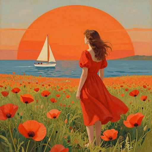 Digital painting of a woman in a red dress standing in a red poppy field, watching a white sailboat near a large orange sun over a blue