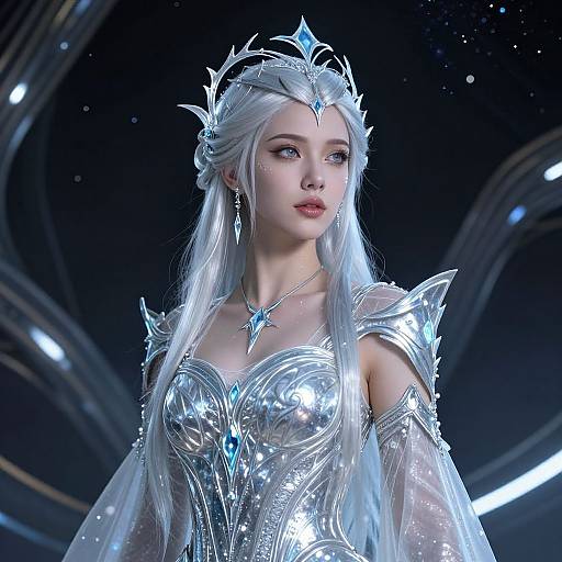 Digital art of a fair-skinned, ethereal woman with long white hair, wearing a sparkling silver armored dress and crown, set against a dark,
