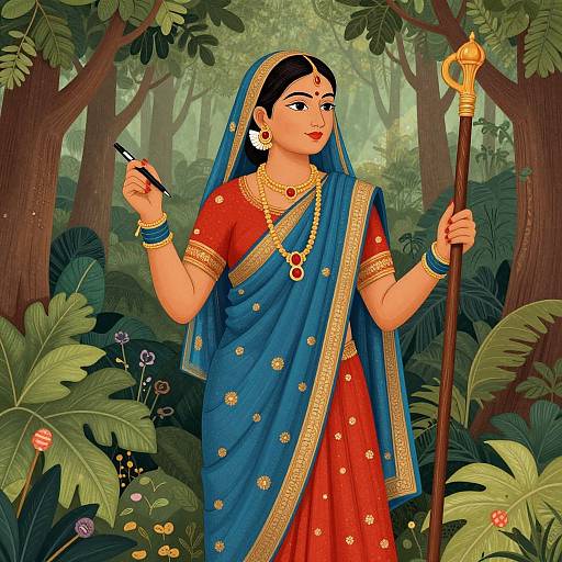 Digital illustration of a traditional Indian woman in a red and blue saree, holding a pen and staff, standing in a lush forest. She wears jewelry