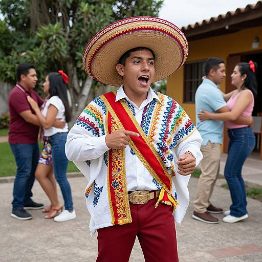 Photograph of a young Latino man in a colorful Mexican outfit, wide-brimmed hat, and red sash, joyfully dancing outside with a