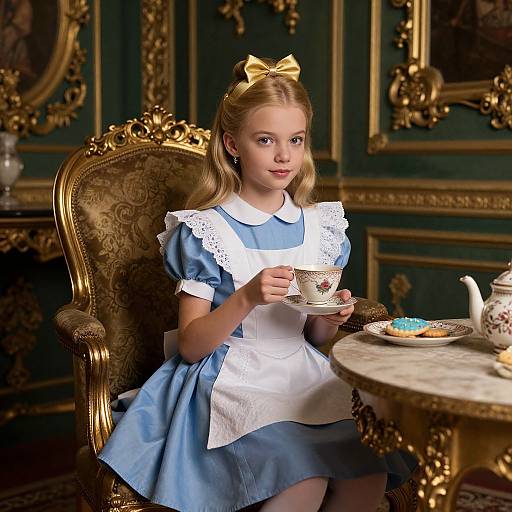 Photograph of a young blonde girl in a blue Alice in Wonderland-style dress with white apron, holding a teacup, seated in an orn