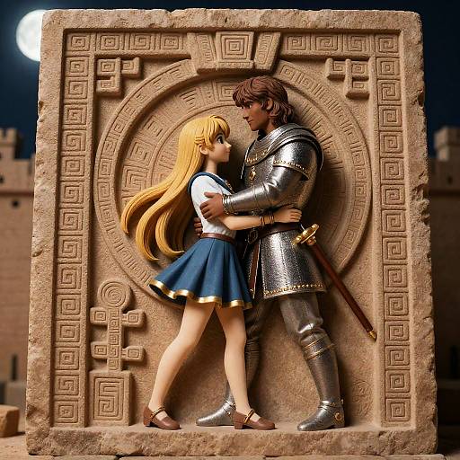 Digital art of a blonde anime girl in a blue skirt and white top, embracing a brown-haired knight in silver armor, against an ancient stone relief with