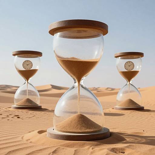 Photograph of three hourglasses on a sunlit desert sand dune, each with a clock face and wooden lids, casting soft shadows.