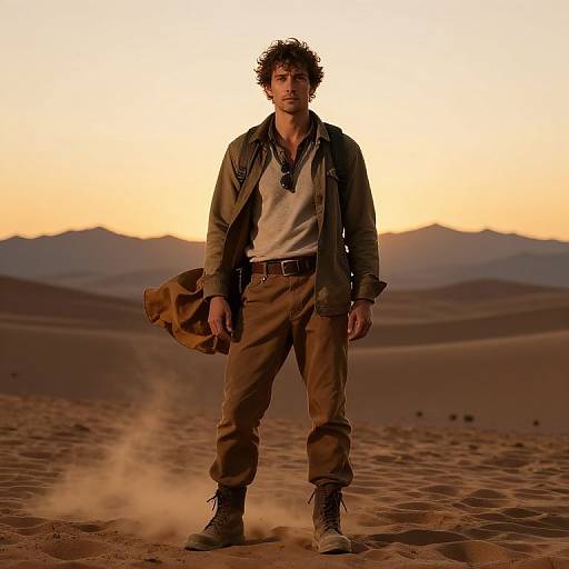 Adventurous Explorer in Desert Sunset