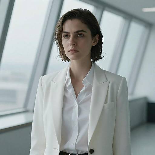 Serious Woman in White Blazer