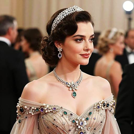 Elegant Woman in Vintage Beaded Gown with Floral Jewelry