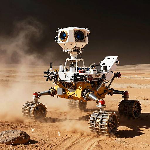 Photograph of a white, robotic, six-wheeled spacecraft with large blue eyes, driving through a dusty, barren desert under a dark, clear