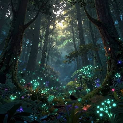 Mystical forest illustration: Tall trees, glowing bioluminescent mushrooms, and ethereal forest lights in deep blues, greens, and purples