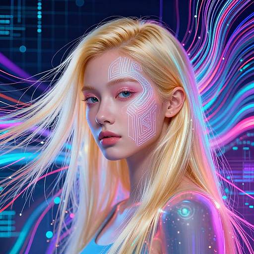 Digital art: Blonde woman with glowing white geometric face markings, neon blue and pink light trails, futuristic background, serene expression.