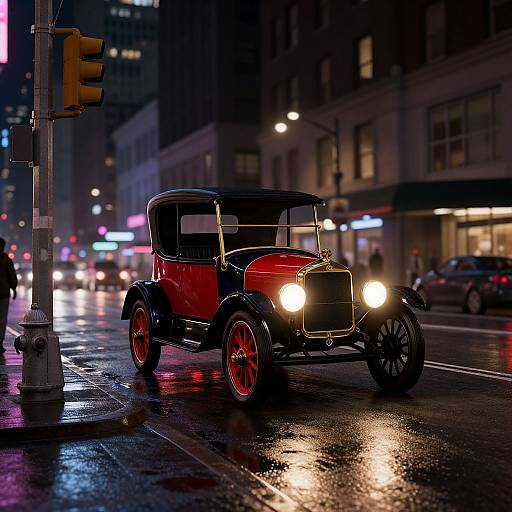 Nighttime photograph of a vintage red and black car with bright headlights, driving on a wet city street, neon lights reflecting on the pavement, traffic