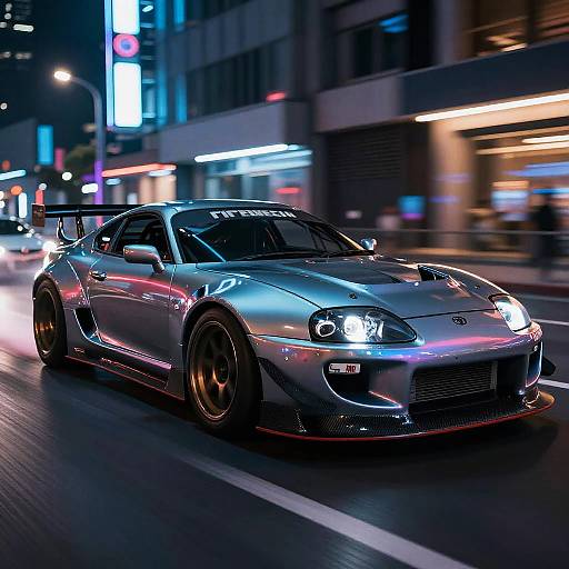 Photograph of a sleek, metallic silver Honda NSX with neon pink highlights speeding through a neon-lit urban night street.