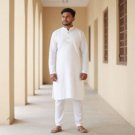 Photograph of a bearded South Asian man in white traditional kurta and pyjama, standing in a sunlit, beige corridor.