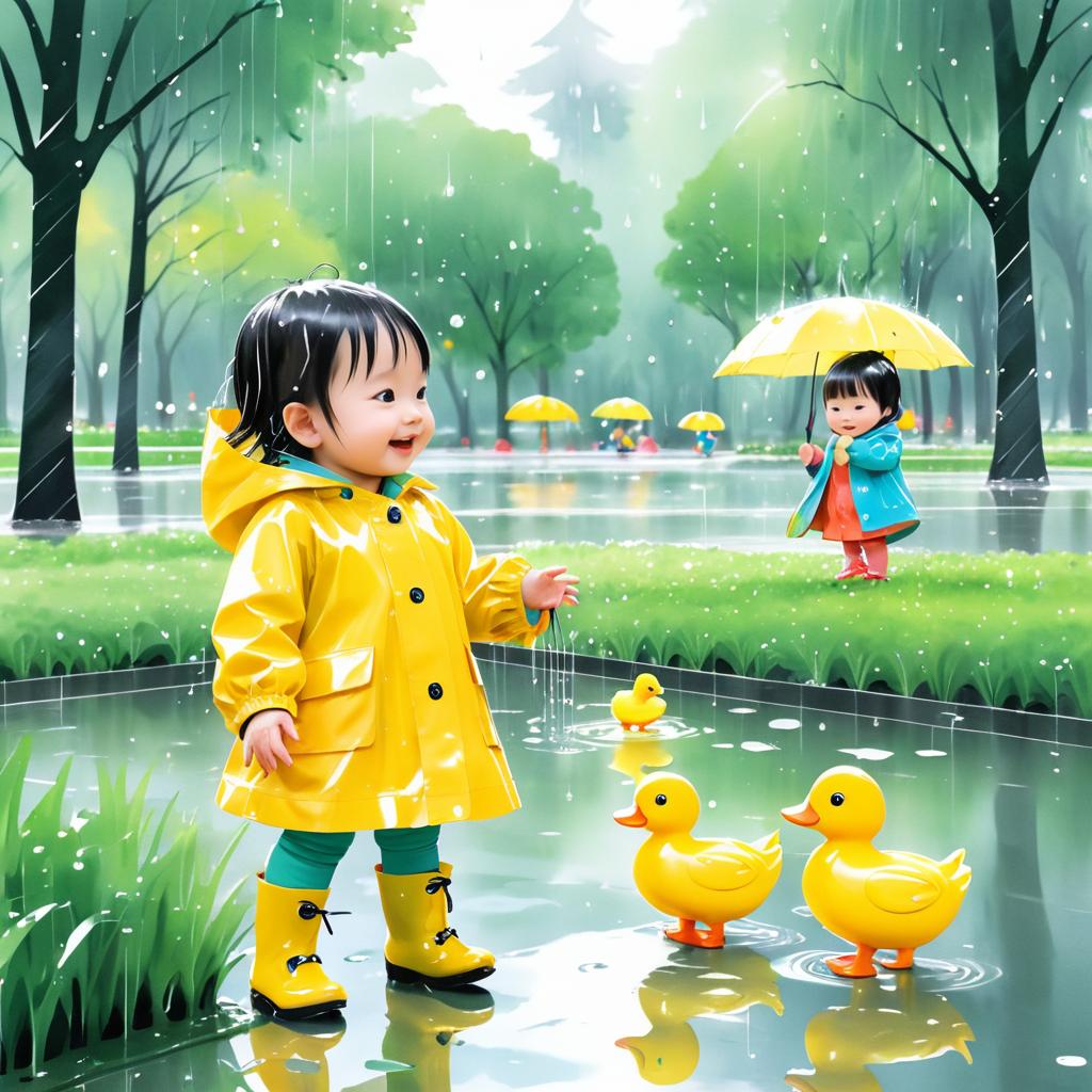 Cheerful Toddler and Duck in Rainy Park