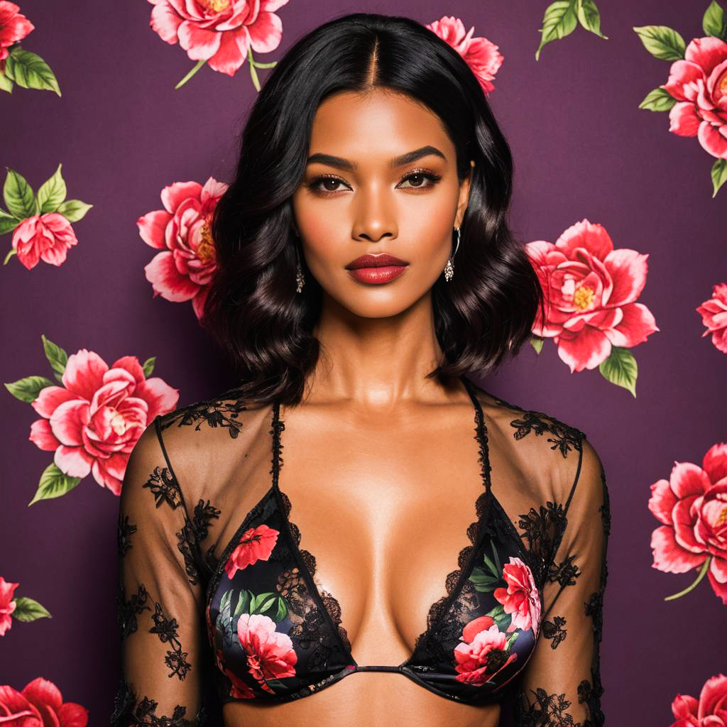 Glamorous Celebrity in Floral Lingerie