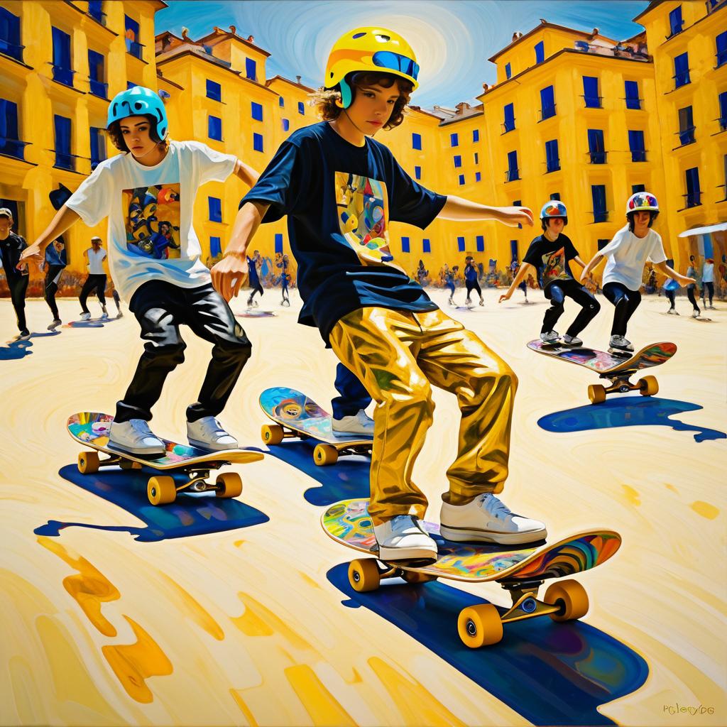 Energetic Skateboarders in Klimt's Style