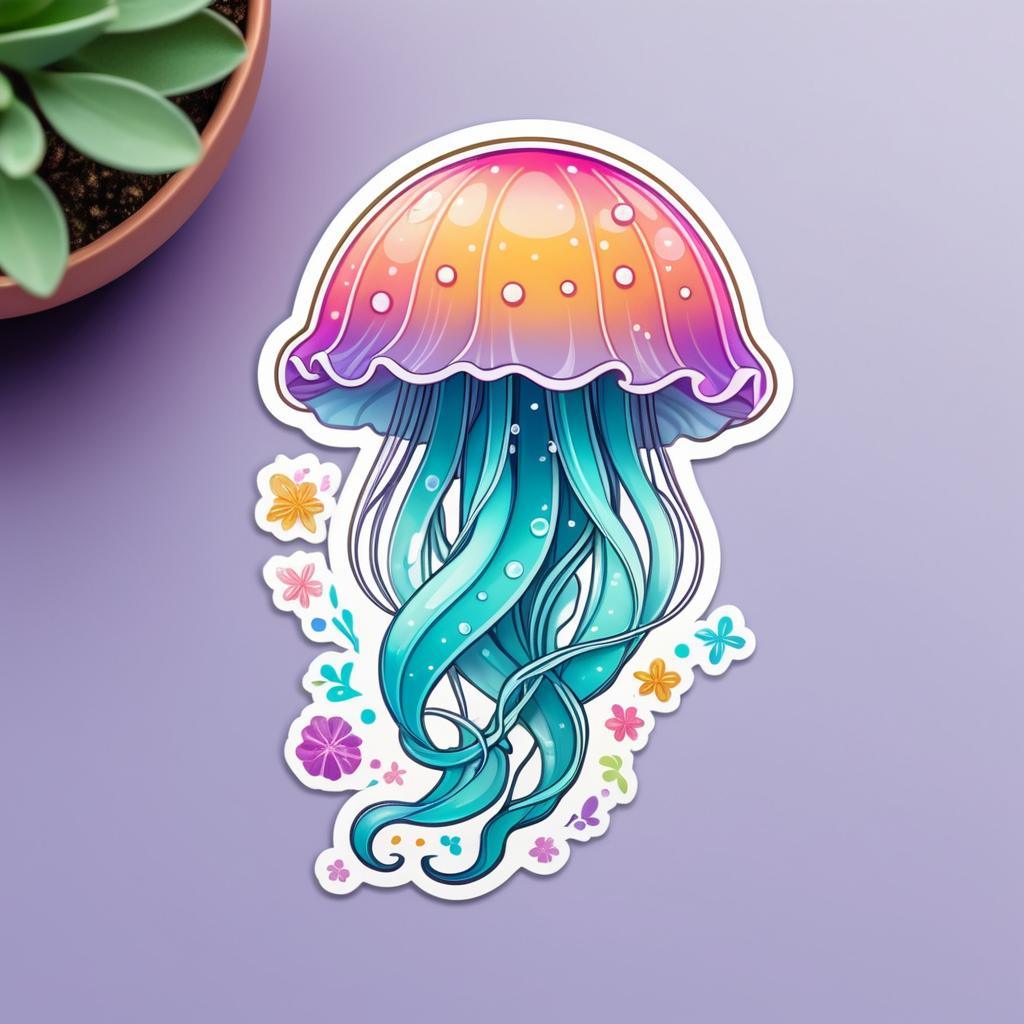 Kawaii Jellyfish Sticker with Floral Splash