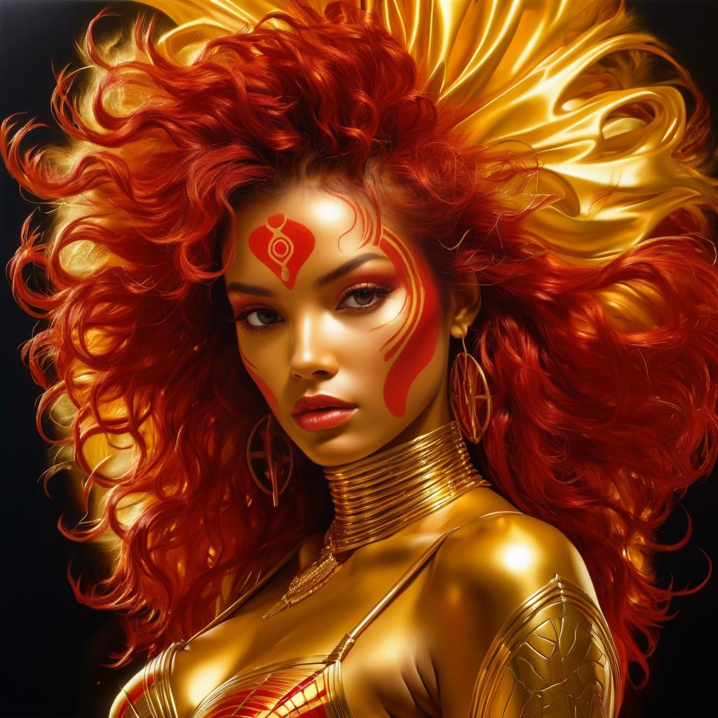 Surreal Woman with Vivid Gold and Red Skin