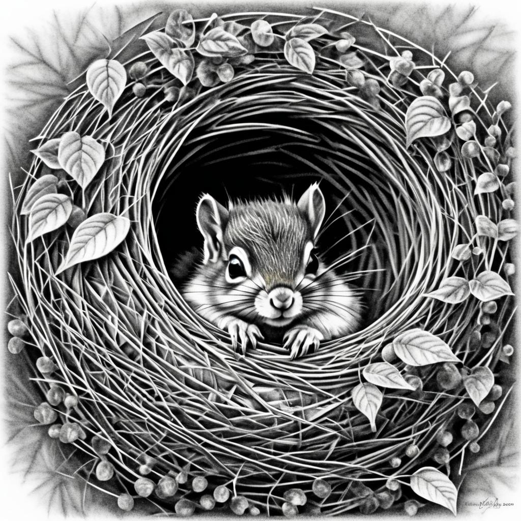 Intricate Black and White Squirrel Sketch